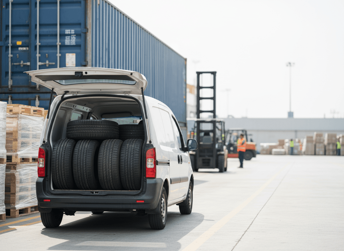 Value-brand wholesale tyres stacked for export